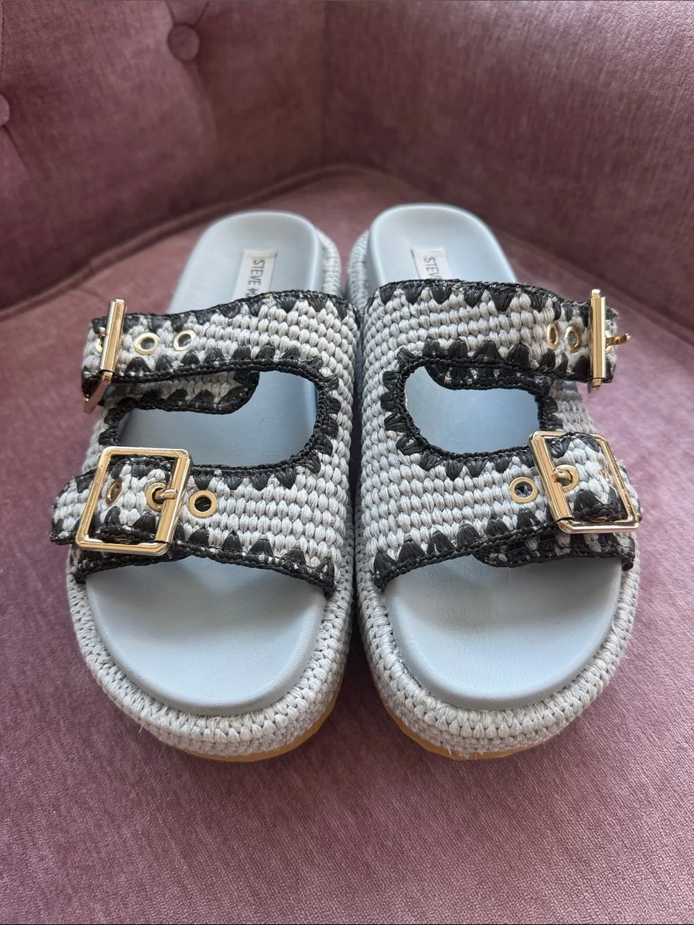 Steve Madden light blue & navy/black woven Dual Buckle Slide Sandals